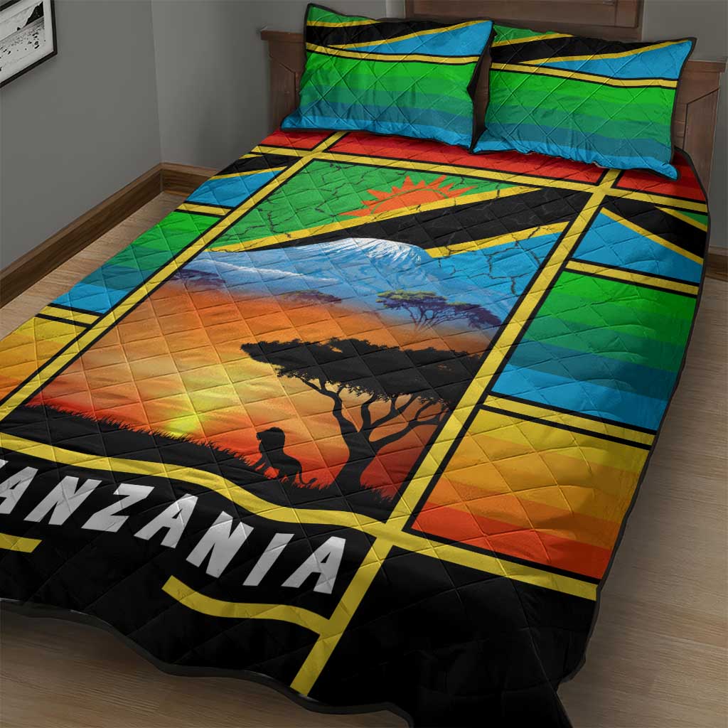 African Sunset Design Quilt Bed Set with Flag Map Mount Kilimanjaro and Wildlife Scene