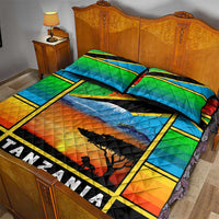 African Sunset Design Quilt Bed Set with Flag Map Mount Kilimanjaro and Wildlife Scene