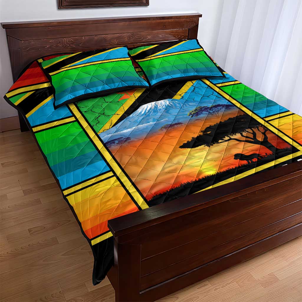 African Sunset Design Quilt Bed Set with Flag Map Mount Kilimanjaro and Wildlife Scene