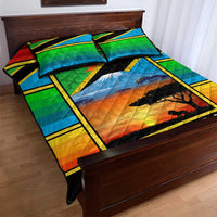African Sunset Design Quilt Bed Set with Flag Map Mount Kilimanjaro and Wildlife Scene