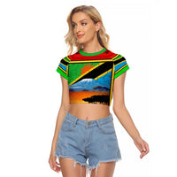 African Sunset Design Raglan Cropped T Shirt with Flag Map Mount Kilimanjaro and Wildlife Scene