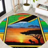 African Sunset Design Round Carpet with Flag Map Mount Kilimanjaro and Wildlife Scene