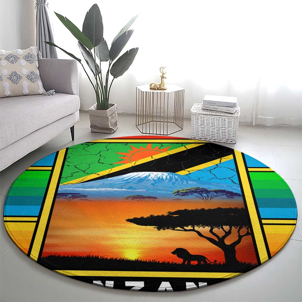 African Sunset Design Round Carpet with Flag Map Mount Kilimanjaro and Wildlife Scene