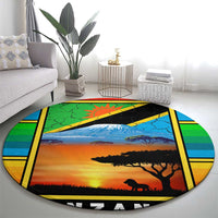 African Sunset Design Round Carpet with Flag Map Mount Kilimanjaro and Wildlife Scene