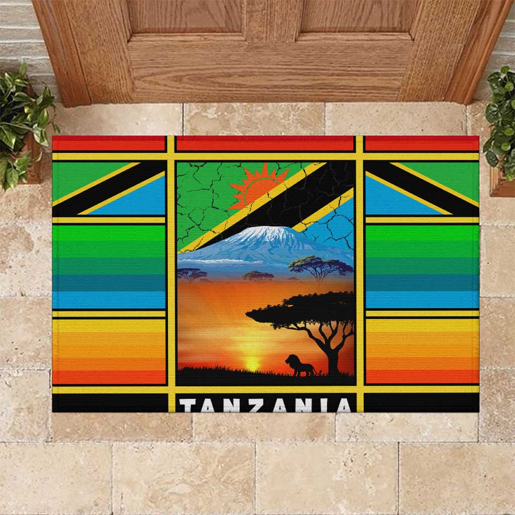 African Sunset Design Rubber Doormat with Flag Map Mount Kilimanjaro and Wildlife Scene