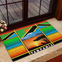 African Sunset Design Rubber Doormat with Flag Map Mount Kilimanjaro and Wildlife Scene