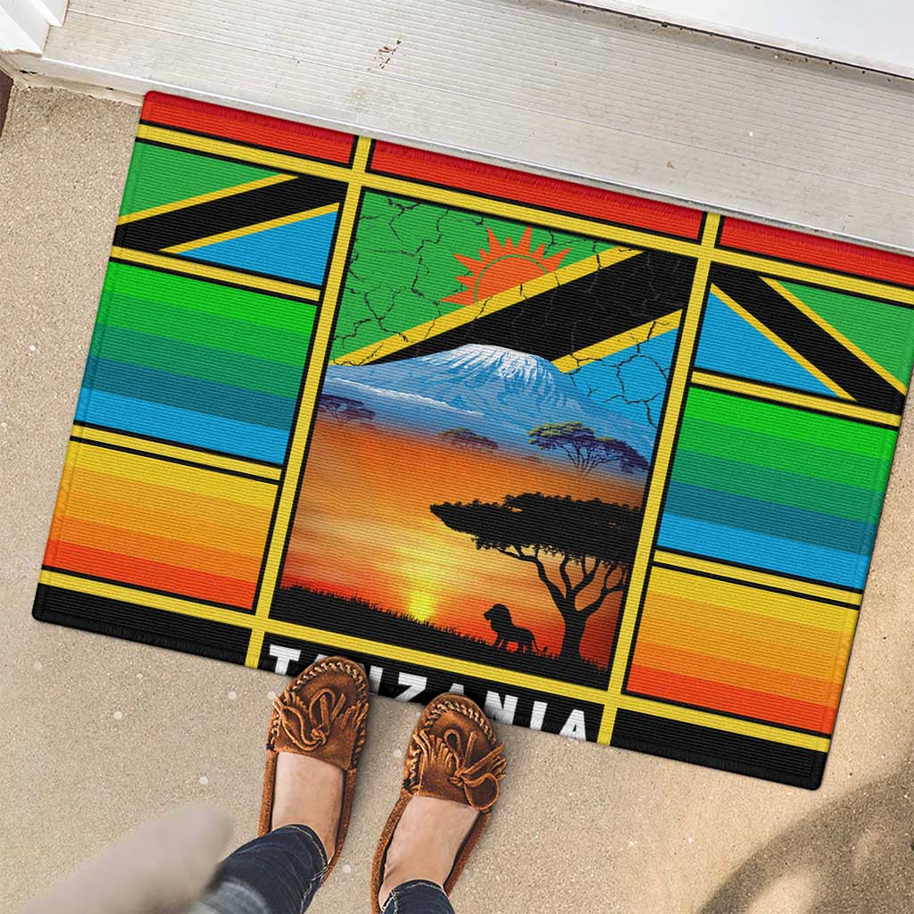 African Sunset Design Rubber Doormat with Flag Map Mount Kilimanjaro and Wildlife Scene