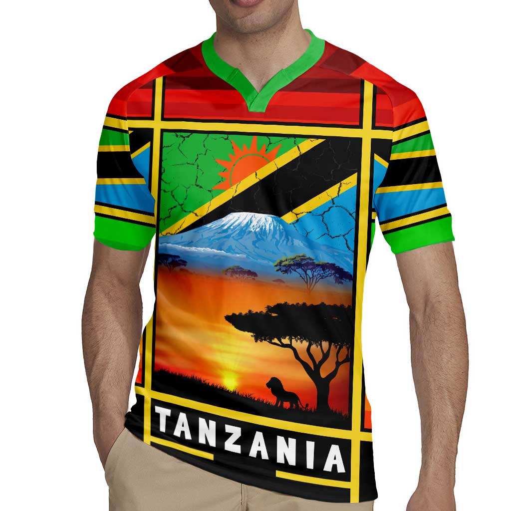 African Sunset Design Rugby Jersey with Flag Map Mount Kilimanjaro and Wildlife Scene