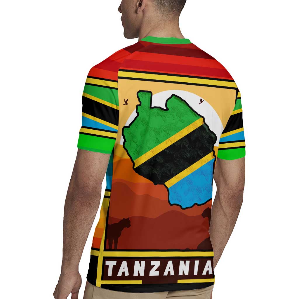 African Sunset Design Rugby Jersey with Flag Map Mount Kilimanjaro and Wildlife Scene