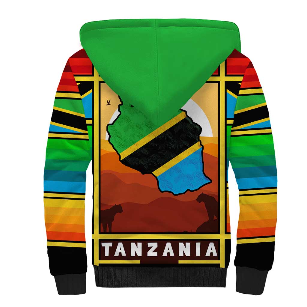 African Sunset Design Sherpa Hoodie with Flag Map Mount Kilimanjaro and Wildlife Scene