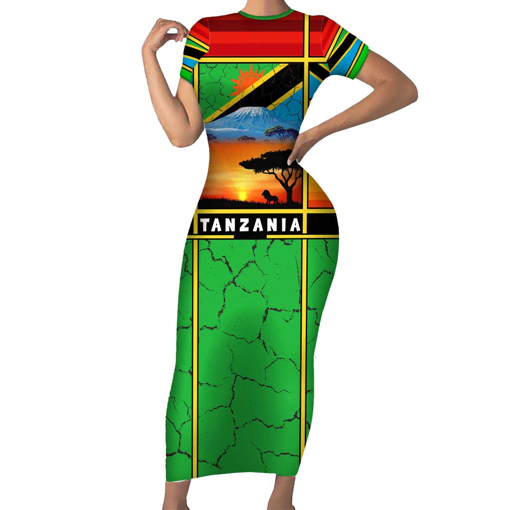 African Sunset Design Short Sleeve Bodycon Dress with Flag Map Mount Kilimanjaro and Wildlife Scene