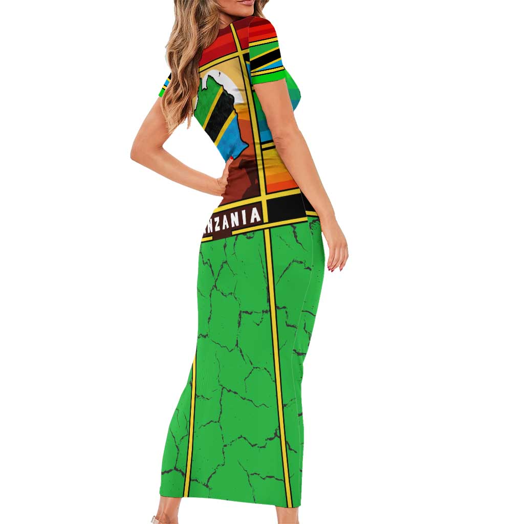 African Sunset Design Short Sleeve Bodycon Dress with Flag Map Mount Kilimanjaro and Wildlife Scene