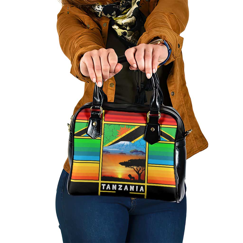 African Sunset Design Shoulder Handbag with Flag Map Mount Kilimanjaro and Wildlife Scene