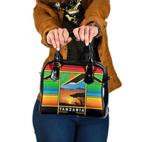 African Sunset Design Shoulder Handbag with Flag Map Mount Kilimanjaro and Wildlife Scene