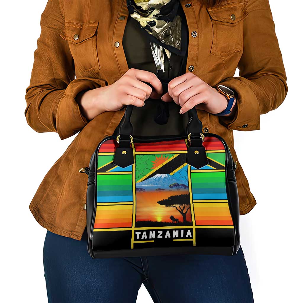 African Sunset Design Shoulder Handbag with Flag Map Mount Kilimanjaro and Wildlife Scene