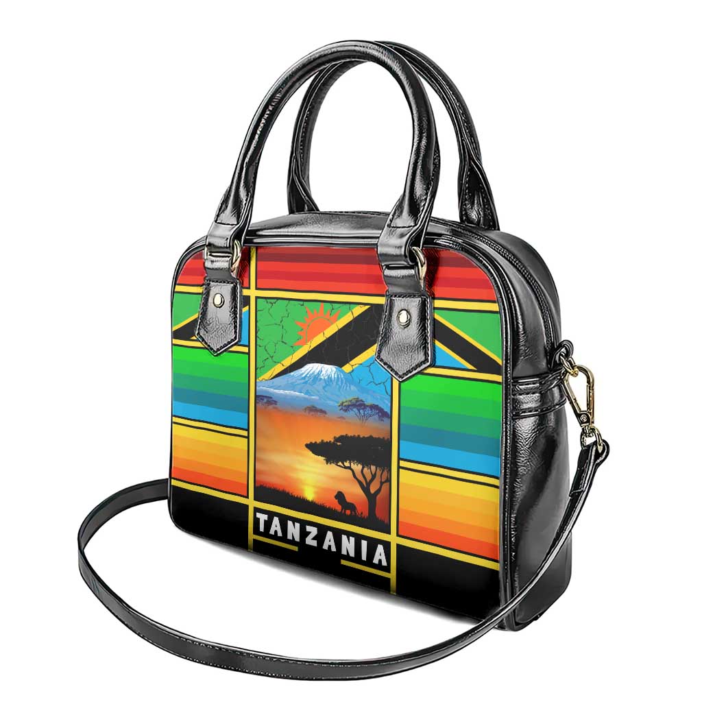 African Sunset Design Shoulder Handbag with Flag Map Mount Kilimanjaro and Wildlife Scene