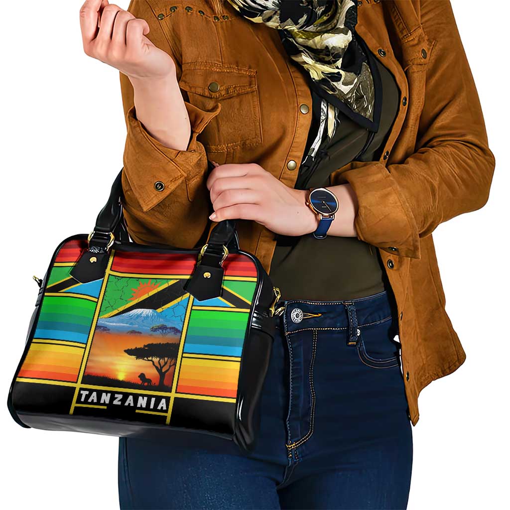 African Sunset Design Shoulder Handbag with Flag Map Mount Kilimanjaro and Wildlife Scene