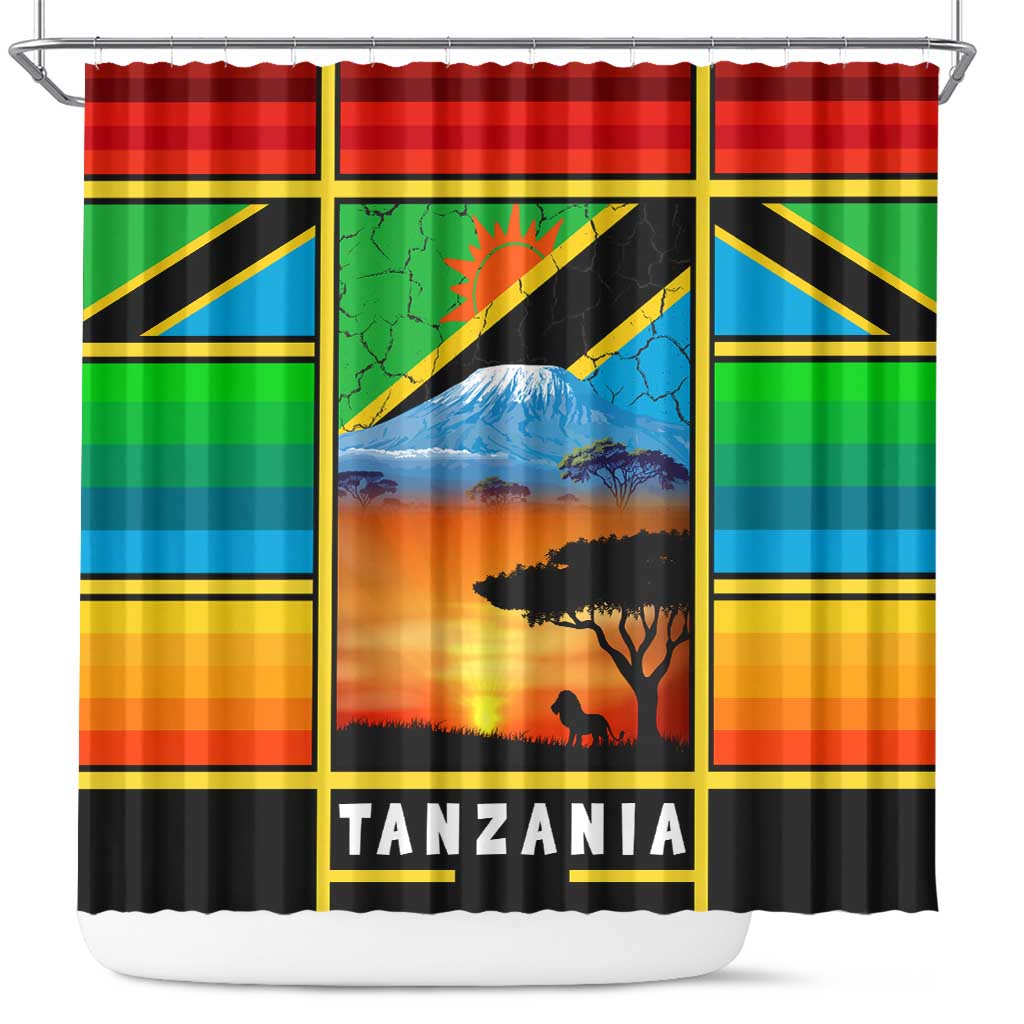 African Sunset Design Shower Curtain with Flag Map Mount Kilimanjaro and Wildlife Scene