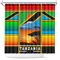 African Sunset Design Shower Curtain with Flag Map Mount Kilimanjaro and Wildlife Scene