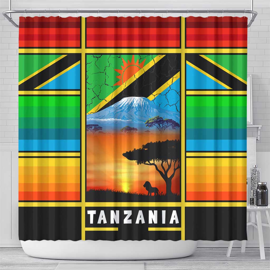 African Sunset Design Shower Curtain with Flag Map Mount Kilimanjaro and Wildlife Scene