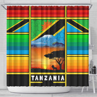 African Sunset Design Shower Curtain with Flag Map Mount Kilimanjaro and Wildlife Scene