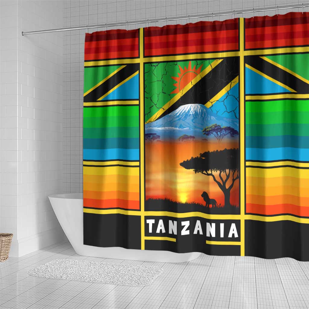 African Sunset Design Shower Curtain with Flag Map Mount Kilimanjaro and Wildlife Scene