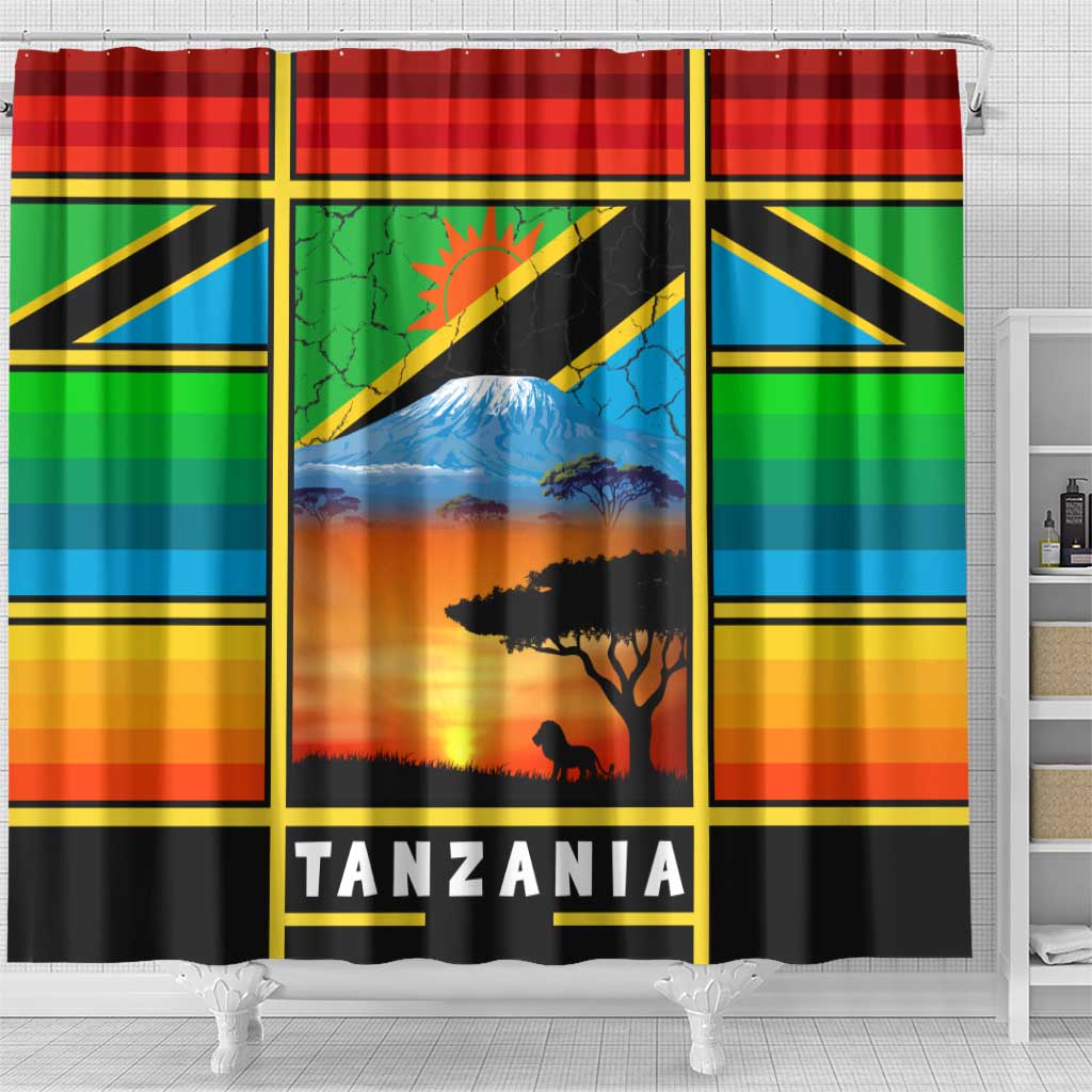 African Sunset Design Shower Curtain with Flag Map Mount Kilimanjaro and Wildlife Scene
