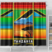 African Sunset Design Shower Curtain with Flag Map Mount Kilimanjaro and Wildlife Scene
