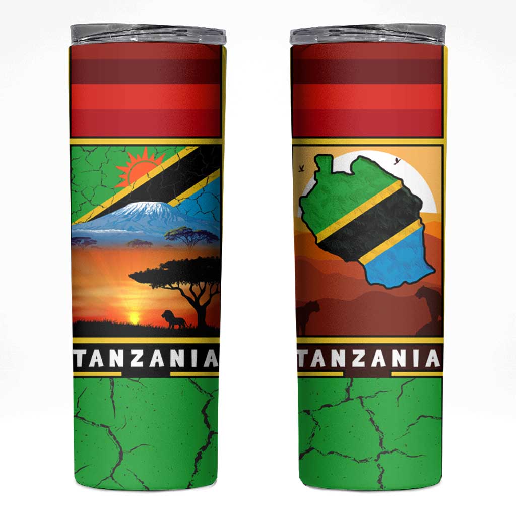 African Sunset Design Skinny Tumbler with Flag Map Mount Kilimanjaro and Wildlife Scene