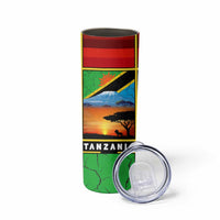 African Sunset Design Skinny Tumbler with Flag Map Mount Kilimanjaro and Wildlife Scene