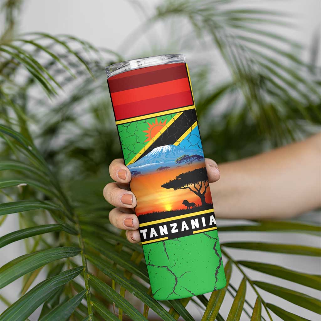 African Sunset Design Skinny Tumbler with Flag Map Mount Kilimanjaro and Wildlife Scene