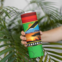 African Sunset Design Skinny Tumbler with Flag Map Mount Kilimanjaro and Wildlife Scene