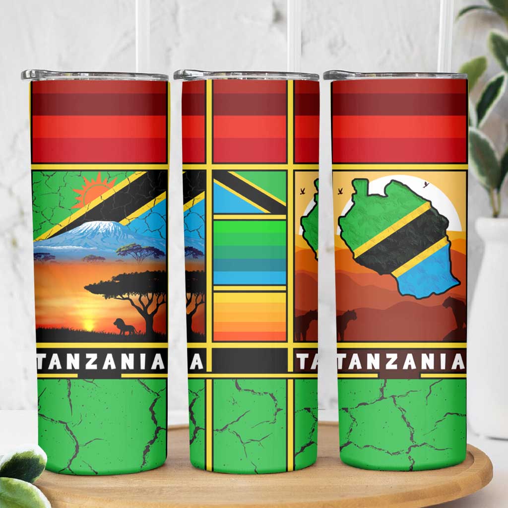 African Sunset Design Skinny Tumbler with Flag Map Mount Kilimanjaro and Wildlife Scene