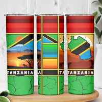 African Sunset Design Skinny Tumbler with Flag Map Mount Kilimanjaro and Wildlife Scene