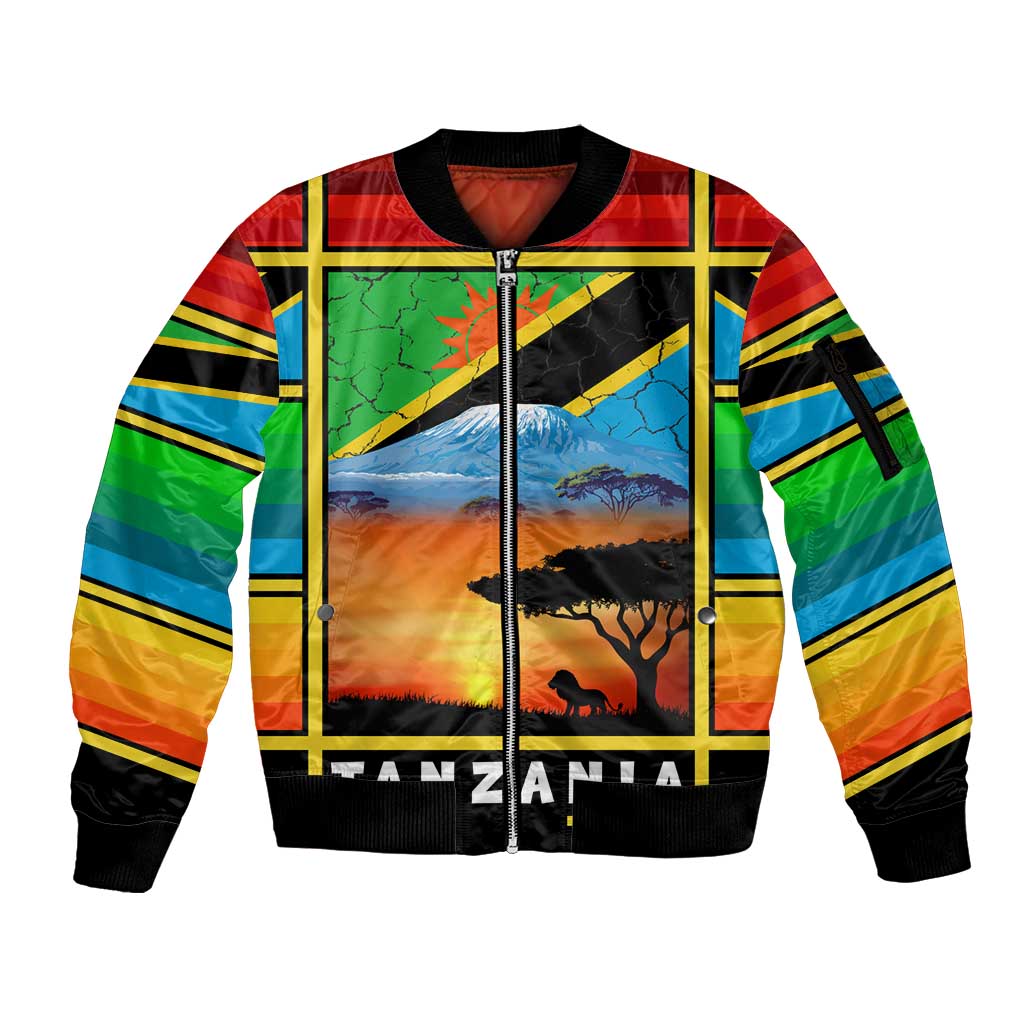 African Sunset Design Sleeve Zip Bomber Jacket with Flag Map Mount Kilimanjaro and Wildlife Scene
