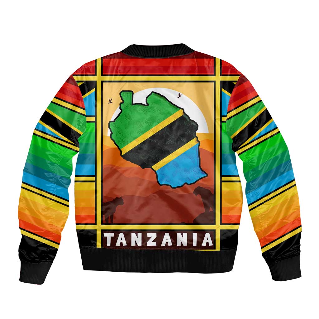 African Sunset Design Sleeve Zip Bomber Jacket with Flag Map Mount Kilimanjaro and Wildlife Scene