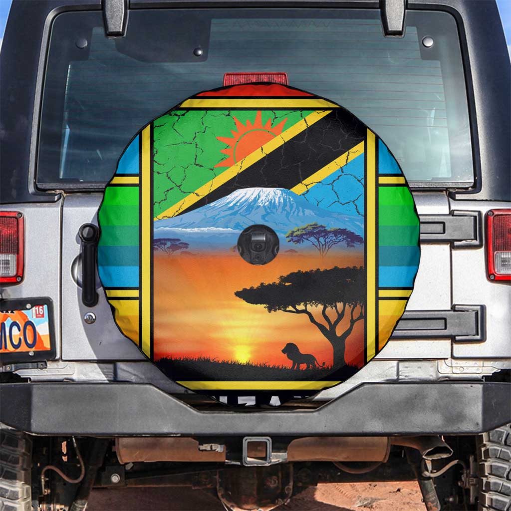 African Sunset Design Spare Tire Cover with Flag Map Mount Kilimanjaro and Wildlife Scene