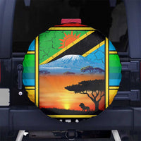 African Sunset Design Spare Tire Cover with Flag Map Mount Kilimanjaro and Wildlife Scene