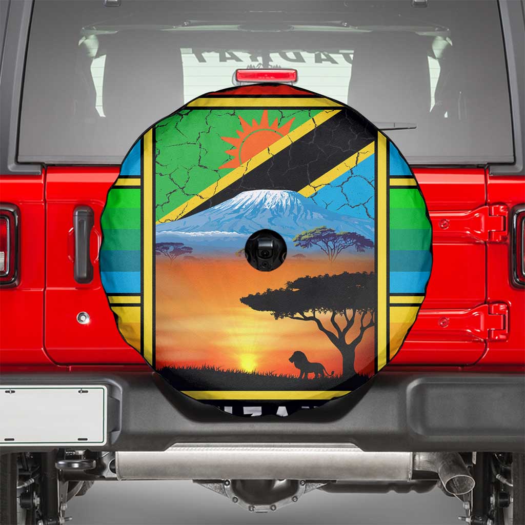African Sunset Design Spare Tire Cover with Flag Map Mount Kilimanjaro and Wildlife Scene