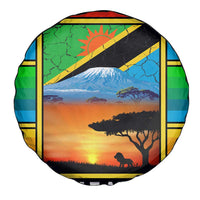 African Sunset Design Spare Tire Cover with Flag Map Mount Kilimanjaro and Wildlife Scene