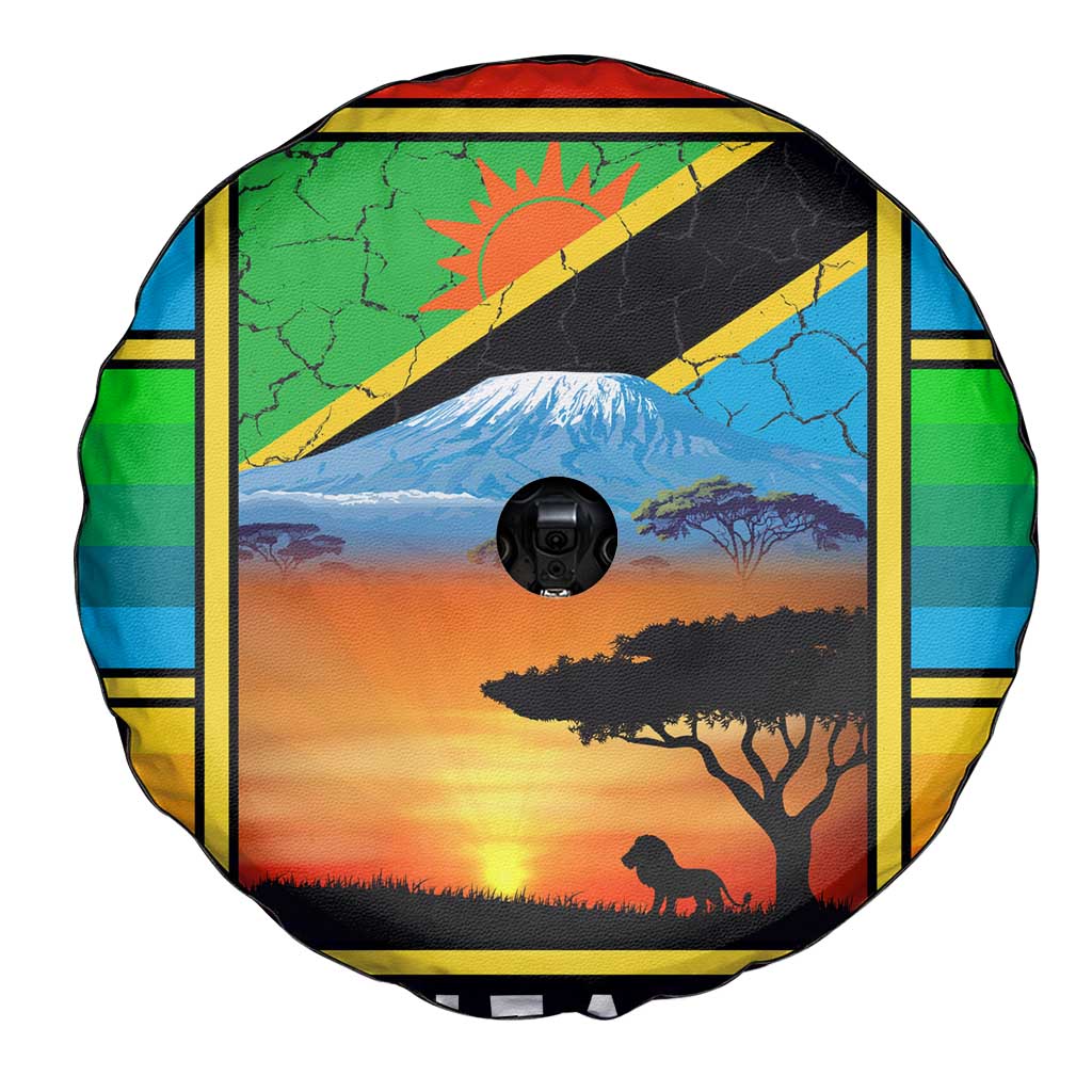 African Sunset Design Spare Tire Cover with Flag Map Mount Kilimanjaro and Wildlife Scene