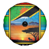 African Sunset Design Spare Tire Cover with Flag Map Mount Kilimanjaro and Wildlife Scene