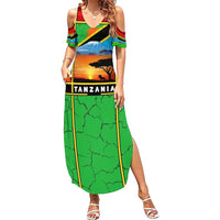 African Sunset Design Summer Maxi Dress with Flag Map Mount Kilimanjaro and Wildlife Scene