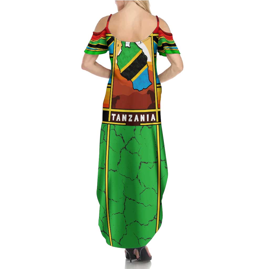 African Sunset Design Summer Maxi Dress with Flag Map Mount Kilimanjaro and Wildlife Scene