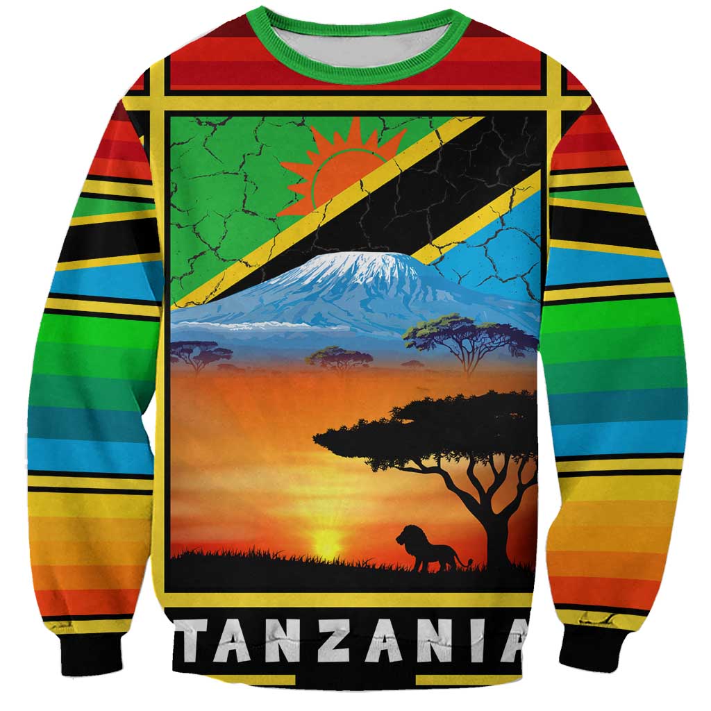 African Sunset Design Sweatshirt with Flag Map Mount Kilimanjaro and Wildlife Scene