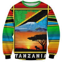 African Sunset Design Sweatshirt with Flag Map Mount Kilimanjaro and Wildlife Scene