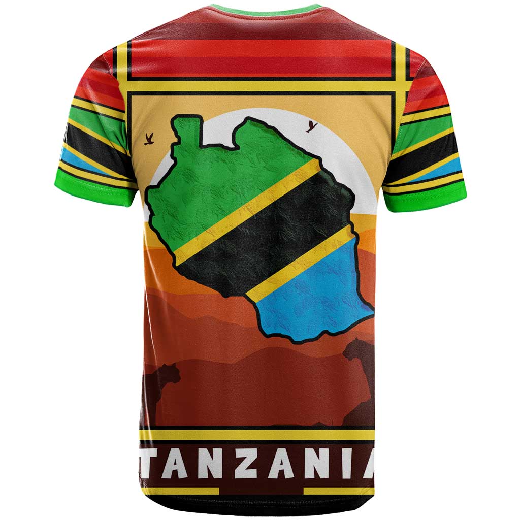 African Sunset Design T Shirt with Flag Map Mount Kilimanjaro and Wildlife Scene