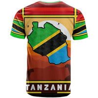 African Sunset Design T Shirt with Flag Map Mount Kilimanjaro and Wildlife Scene