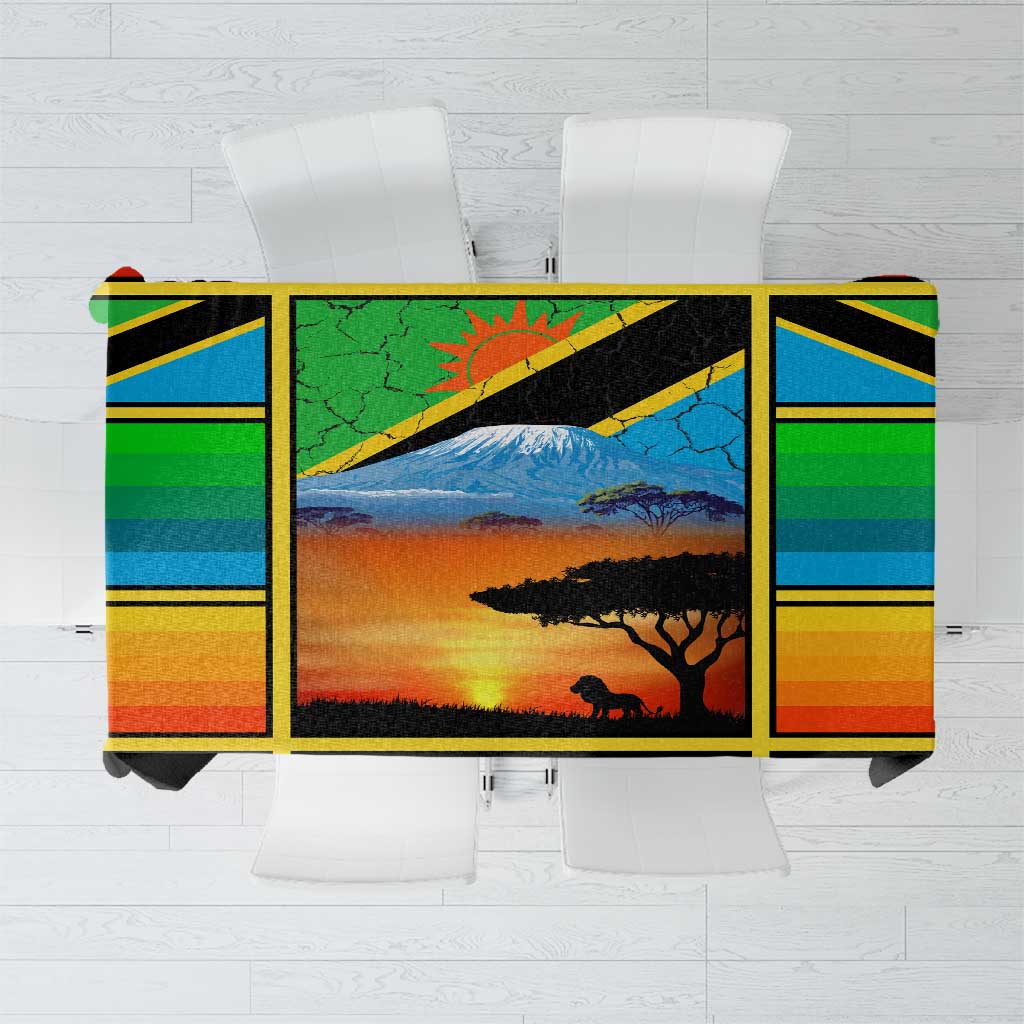 African Sunset Design Tablecloth with Flag Map Mount Kilimanjaro and Wildlife Scene