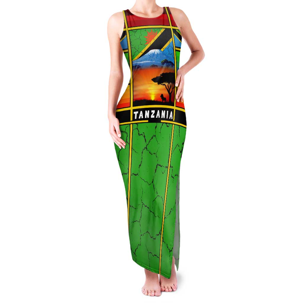 African Sunset Design Tank Maxi Dress with Flag Map Mount Kilimanjaro and Wildlife Scene